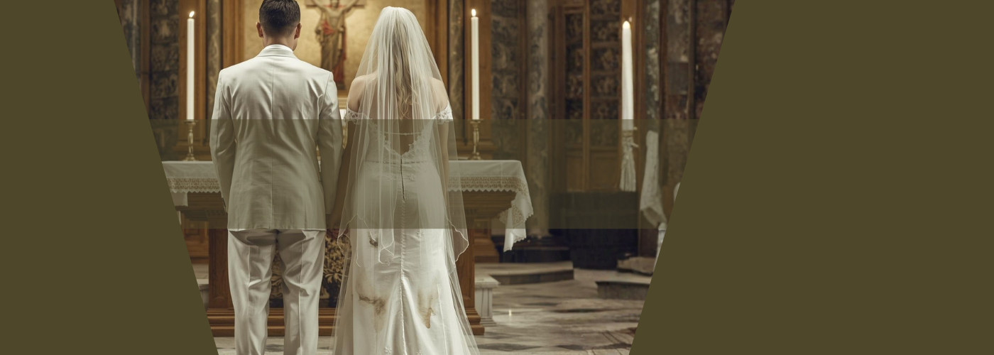 Ein Brautpaar vor einem Altar in einer Kirche. Die Rückseite des Brautkleids ist dreckig.