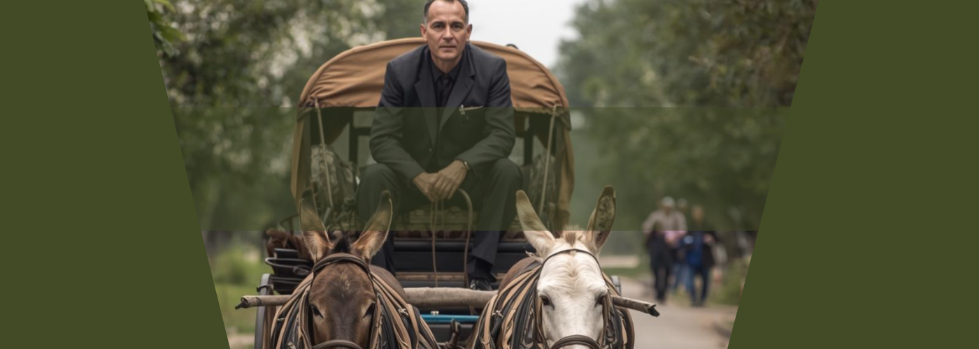 Ein Mann im Anzug sitzt auf einem Eselkarren.